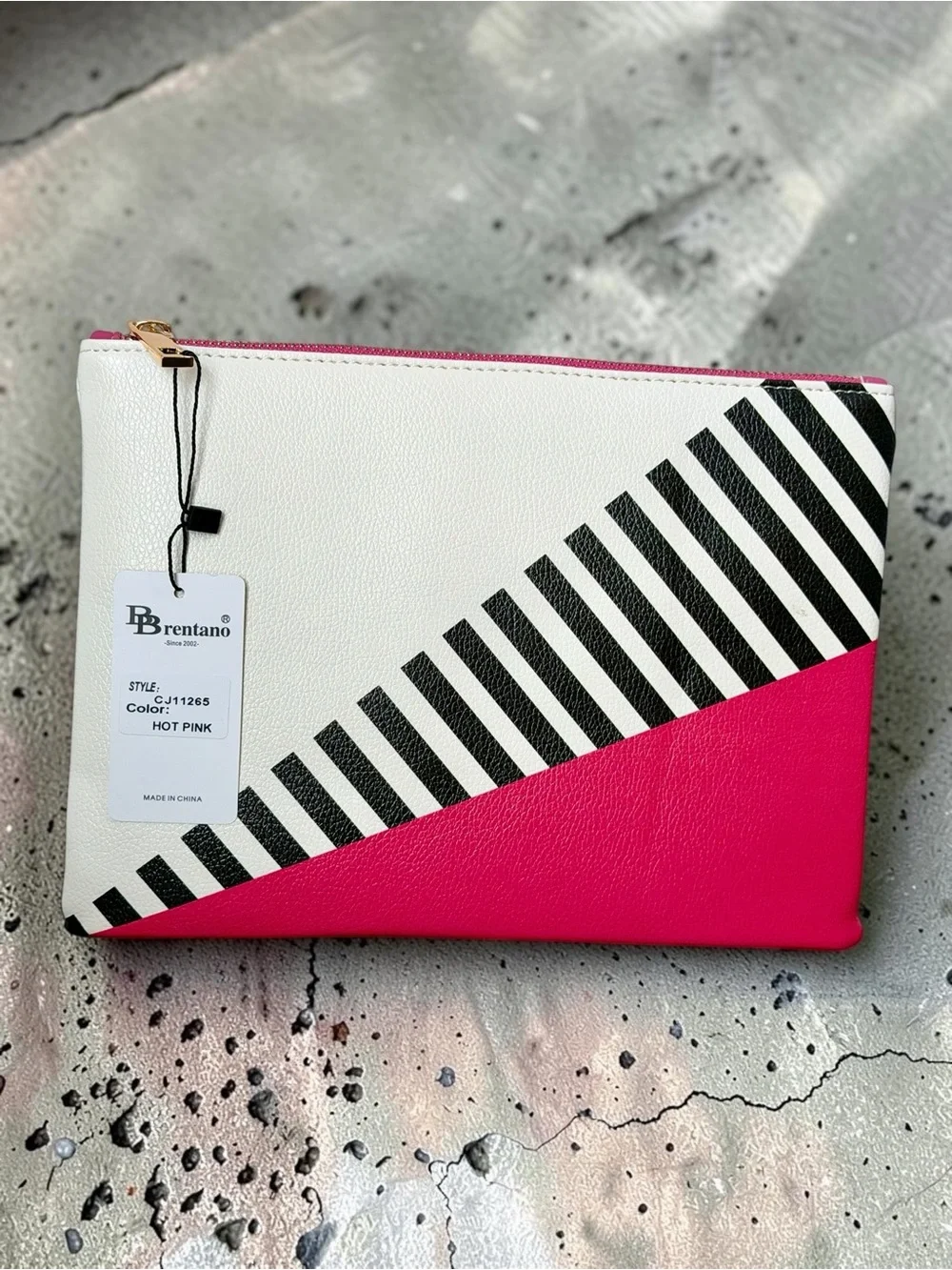 Brentano Geometric Vegan Pink Black & White Stripe Zip Clutch